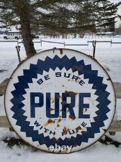 ORIGINAL RARE VTG 40s PURE OIL GAS STATION DOUBLE SIDED PORCELAIN SIGN RING 60