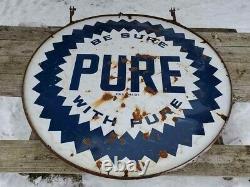 ORIGINAL RARE VTG 40s PURE OIL GAS STATION DOUBLE SIDED PORCELAIN SIGN RING 60