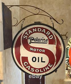 ORIGINAL STANDARD MOTOR OIL DOUBLE-SIDED 30 INCH PORCELAIN SIGN With BRACKET