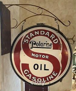 ORIGINAL STANDARD MOTOR OIL DOUBLE-SIDED 30 INCH PORCELAIN SIGN With BRACKET