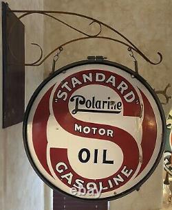 ORIGINAL STANDARD MOTOR OIL DOUBLE-SIDED 30 INCH PORCELAIN SIGN With BRACKET