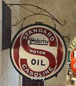 ORIGINAL STANDARD MOTOR OIL DOUBLE-SIDED 30 INCH PORCELAIN SIGN With BRACKET