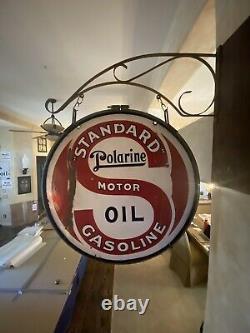 ORIGINAL STANDARD MOTOR OIL DOUBLE-SIDED 30 INCH PORCELAIN SIGN With BRACKET