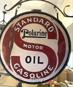 ORIGINAL STANDARD MOTOR OIL DOUBLE-SIDED 30 INCH PORCELAIN SIGN With BRACKET