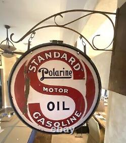 ORIGINAL STANDARD MOTOR OIL DOUBLE-SIDED 30 INCH PORCELAIN SIGN With BRACKET