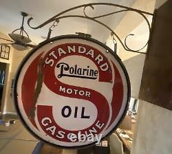 ORIGINAL STANDARD MOTOR OIL DOUBLE-SIDED 30 INCH PORCELAIN SIGN With BRACKET