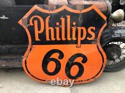ORIGINAL Vintage PHILLIPS 66 Double Sided PORCELAIN FLAT TOP Sign Gas Oil OLD