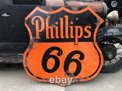 ORIGINAL Vintage PHILLIPS 66 Double Sided PORCELAIN FLAT TOP Sign Gas Oil OLD