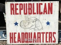 ORIGINAL Vintage REPUBLICAN HEADQUARTERS Double Sided Painted Wood Sign Politics