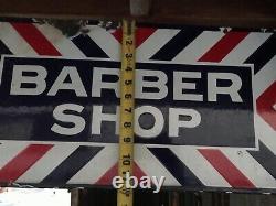 Old Original Vintage Porcelain Barber Shop Double Sided Flange Sign rod shop