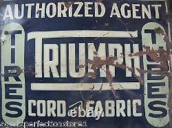 Old TRIUMPH TIRES TUBES CORD and FABRIC Double Sided Metal Sign Garage Shop Ad