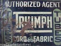 Old TRIUMPH TIRES TUBES CORD and FABRIC Double Sided Metal Sign Garage Shop Ad