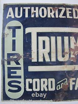 Old TRIUMPH TIRES TUBES CORD and FABRIC Double Sided Metal Sign Garage Shop Ad