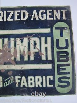 Old TRIUMPH TIRES TUBES CORD and FABRIC Double Sided Metal Sign Garage Shop Ad