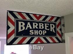 Old Vintage Double Sided Porcelain Barber Shop Flange Sign