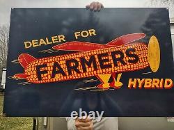 Old Vintage Double-sided Farmers Hybrid Seed Farm Porcelain Farming Metal Sign