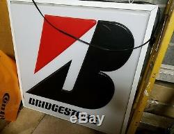 Old Vtg Bridgestone Tire Double Sided Garage Lighted Sign Dualite Electric Hang