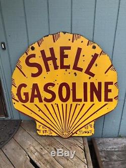 Original 1920s Double Sided Porcelain 42 Shell Gasoline Sign Oil Pump Station