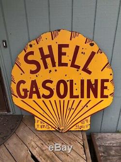 Original 1920s Double Sided Porcelain 42 Shell Gasoline Sign Oil Pump Station