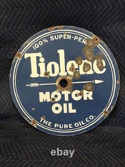 Original 1930's Double Sided Porcelain 25.5 Tiolene Motor Oil Sign Pure Penn