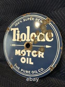 Original 1930's Double Sided Porcelain 25.5 Tiolene Motor Oil Sign Pure Penn