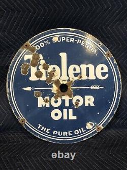 Original 1930's Double Sided Porcelain 25.5 Tiolene Motor Oil Sign Pure Penn