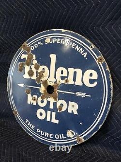 Original 1930's Double Sided Porcelain 25.5 Tiolene Motor Oil Sign Pure Penn