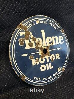 Original 1930's Double Sided Porcelain 25.5 Tiolene Motor Oil Sign Pure Penn