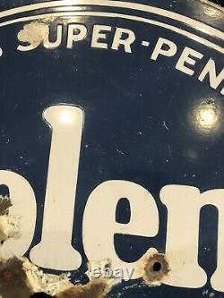 Original 1930's Double Sided Porcelain 25.5 Tiolene Motor Oil Sign Pure Penn