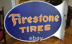 Original 1930's Firestone Flange Sign Tires Double Sided Porcelain Ges Pump