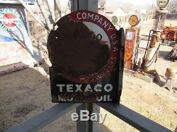 Original 1930's Porcelain Double Sided Flange Texaco Motor Oil Sign