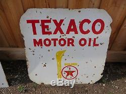 Original 1930s Vintage Sign Texaco Motor Oil Double Sided Porcelain 30x30
