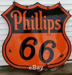 Original 1950s 48 Phillips 66 Advertising Sign Double Sided Porcelain With Ring