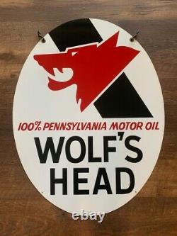 Original 1970 Wolf's Head Motor Oil Oval Steel Double-Sided 30 x 23 Sign