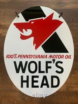 Original 1970 Wolf's Head Motor Oil Oval Steel Double-Sided 30 x 23 Sign