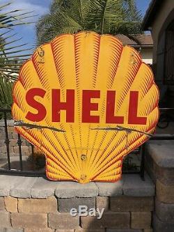 Original 48 Tiger Stripe SHELL Gas Service Station Double Sided Porcelain Sign