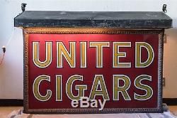 Original 5 Foot Long United Cigars Double Sided Sign with Metal Awning Lighted