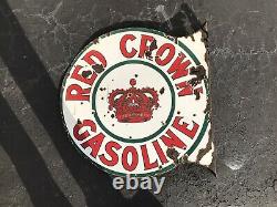 Original Flanged Red Crown Gasoline Porcelain Steel Double Sided 25 1/2 Sign