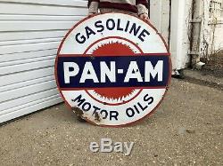 Original Porcelain Pan Am 42 In. Gasoline Double Sided Advertising Gas Oil Sign
