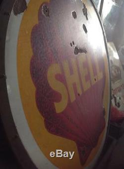 Original RARE Shell Gasoline Oil Enamel Porcelain Double Sided Sign