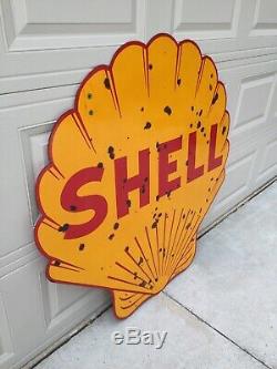 Original Shell 48 Porcelain Double Sided Gas Oil Advertising Sign
