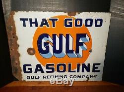 Original That Good GULF Gasoline double sided porcelain flange sign 18x22