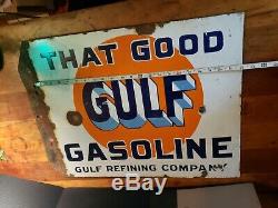 Original That Good GULF Gasoline double sided porcelain flange sign 18x22