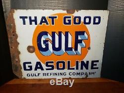 Original That Good GULF Gasoline double sided porcelain flange sign 18x22