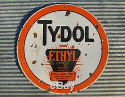 Original Tydol Ethyl 30 Porcelain Double Sided Sign Metal Vintage Gas Station