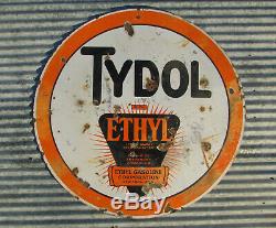 Original Tydol Ethyl 30 Porcelain Double Sided Sign Metal Vintage Gas Station