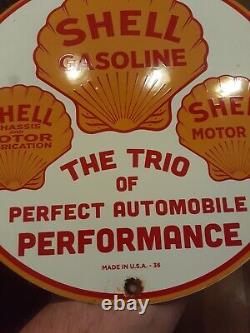 Original USA Vintage Shell Gasoline The Trio Porcelain Oil Sign, Double Sided