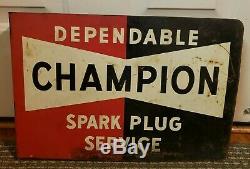 Original Vintage 1950's Double Sided Flange Champion Spark Plug Metal Sign