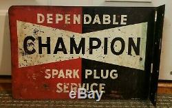 Original Vintage 1950's Double Sided Flange Champion Spark Plug Metal Sign