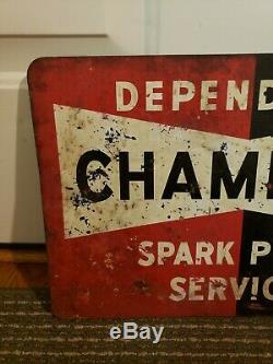 Original Vintage 1950's Double Sided Flange Champion Spark Plug Metal Sign